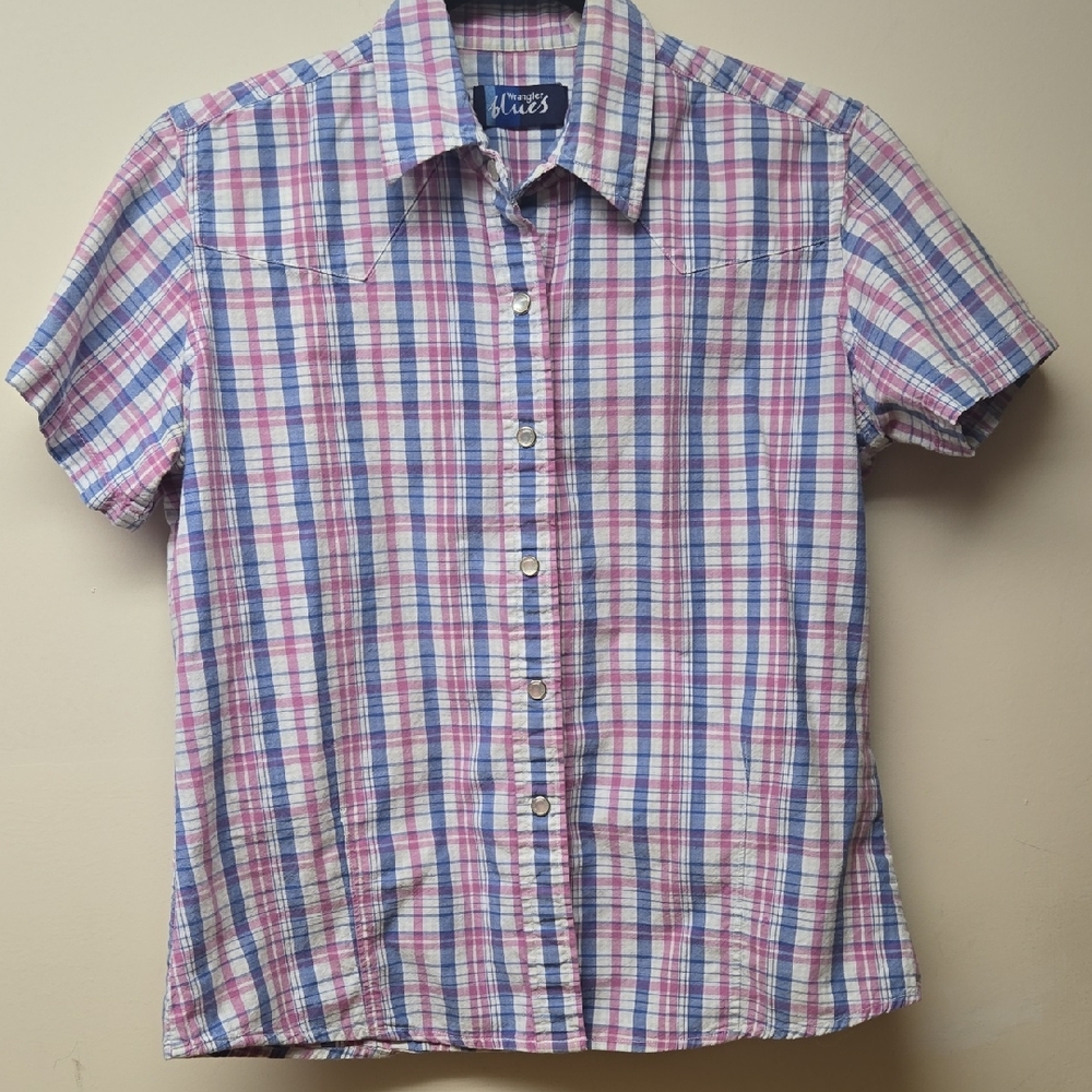 Wrangler Women's Small Short Sleeve Plaid Shirt - Pink and Blue